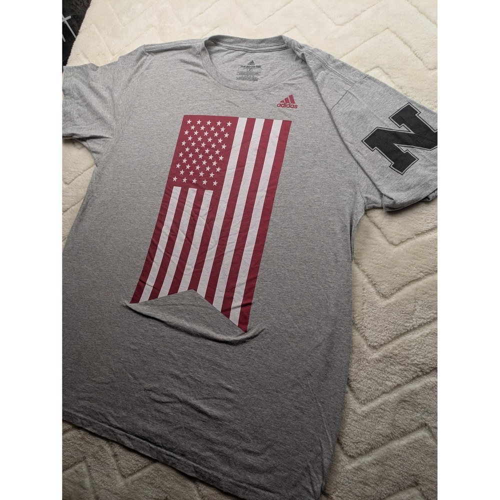 Adidas Nebraska Huskers American Flag The Go-To Tee Gray Mens Large L